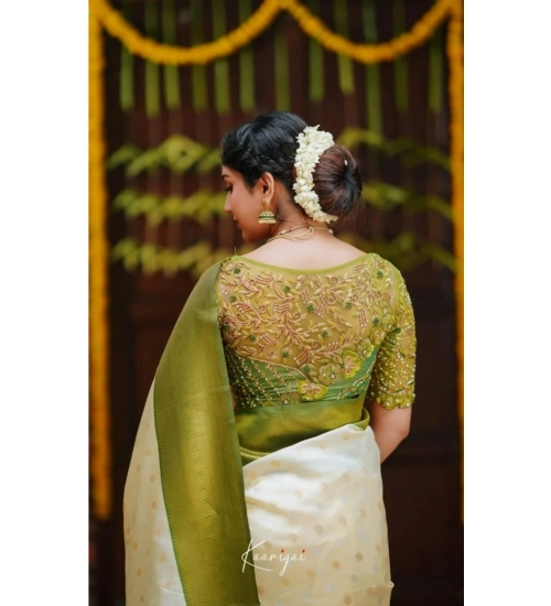 Women's Silk Blend Self Design Banarasi Saree With Unstitched Blouse (5.5Mtr, White Green)