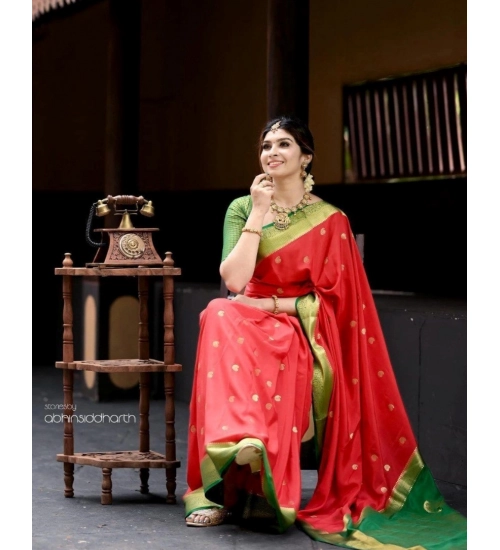 Women's Silk Blend Self Design Banarasi Saree With Unstitched Blouse (5.5Mtr, Red Green)