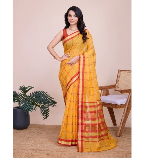 Women's Cotton Silk Checkered Kota Doria Saree With Unstitched Blouse (5.5Mtr, Yellow)