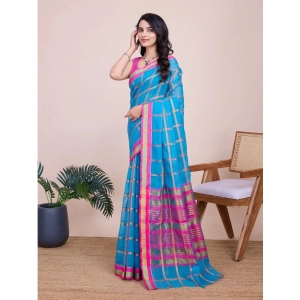 Generic Women's Cotton Silk Checkered Kota Doria Saree With Unstitched Blouse (5.5Mtr, Sky Blue)