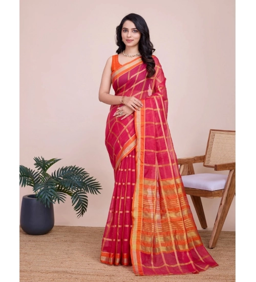 Women's Cotton Silk Checkered Kota Doria Saree With Unstitched Blouse (5.5Mtr, Red)
