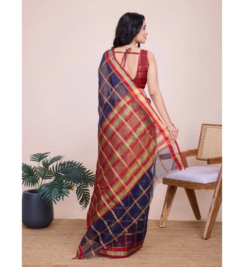 Women's Cotton Silk Checkered Kota Doria Saree With Unstitched Blouse (5.5Mtr, Navy Blue)