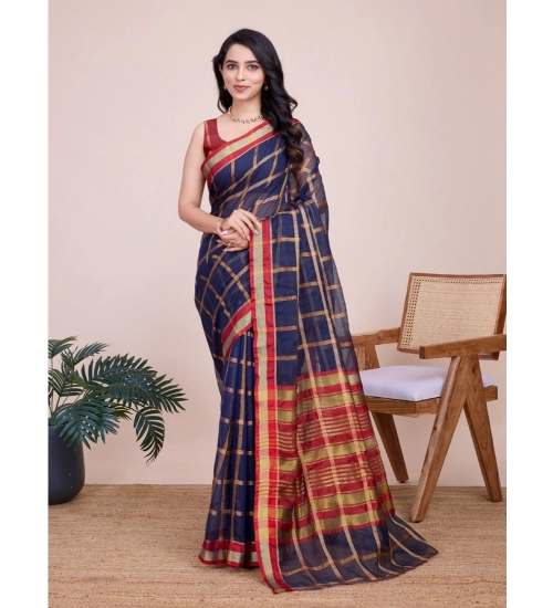 Women's Cotton Silk Checkered Kota Doria Saree With Unstitched Blouse (5.5Mtr, Navy Blue)
