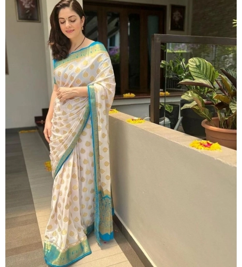 Women's Silk Blend Woven Kanjivaram Saree With Unstitched Blouse (5.5Mtr, White Rama)