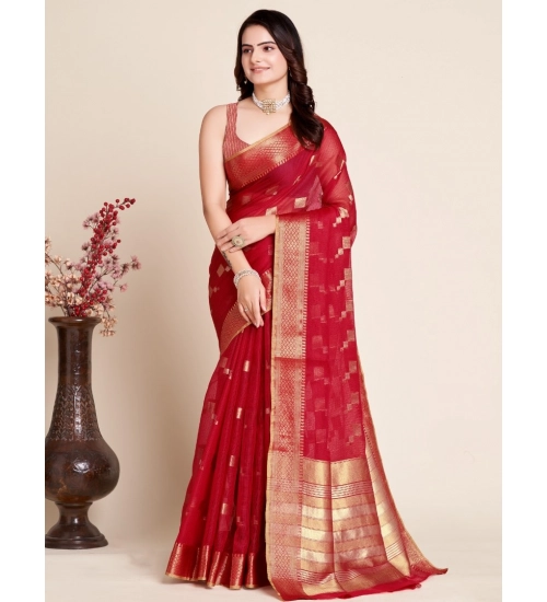 Women's Silk Blend Printed Banarasi Saree With Unstitched Blouse (5.5Mtr, Dark Rani)