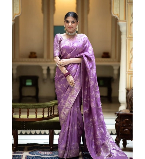 Women's Art Silk Embellished Kanjivaram Saree With Unstitched Blouse (5.5Mtr, Lavender)