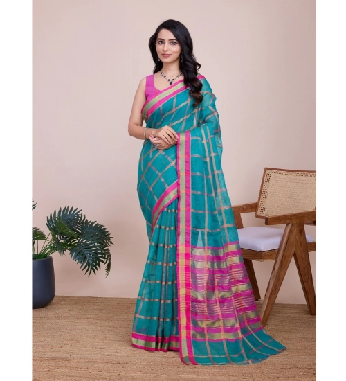 Women's Cotton Silk Checkered Kota Doria Saree With Unstitched Blouse (5.5Mtr, Rama)