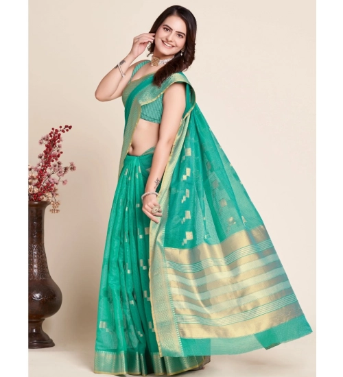 Women's Silk Blend Printed Banarasi Saree With Unstitched Blouse (5.5Mtr, Rama Green)
