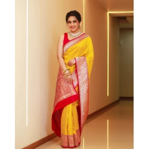 Generic Women's Silk Blend Self Design Banarasi Saree With Unstitched Blouse (5.5Mtr, Yellow Red)