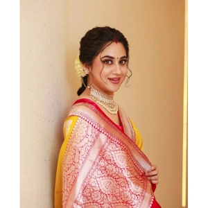 Generic Women's Silk Blend Self Design Banarasi Saree With Unstitched Blouse (5.5Mtr, Yellow Red)
