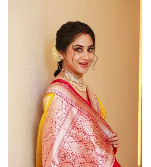 Women's Silk Blend Self Design Banarasi Saree With Unstitched Blouse (5.5Mtr, Yellow Red)