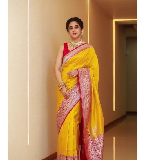 Women's Silk Blend Self Design Banarasi Saree With Unstitched Blouse (5.5Mtr, Yellow Red)