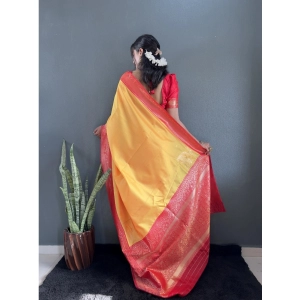 Generic Women's Silk Blend Woven Kanjivaram Saree With Unstitched Blouse (5.5Mtr, Yellow Red)