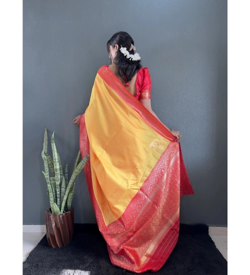 Women's Silk Blend Woven Kanjivaram Saree With Unstitched Blouse (5.5Mtr, Yellow Red)
