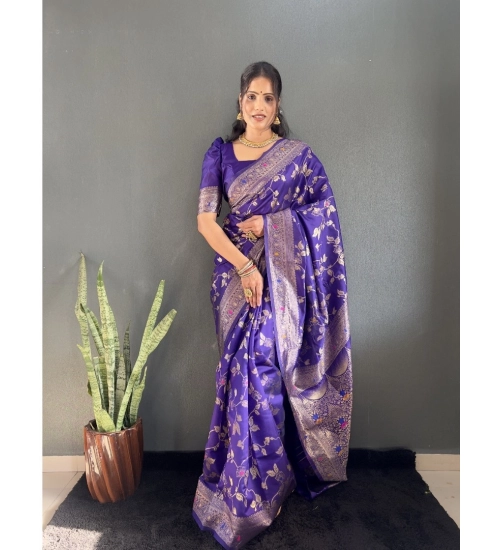 Women's Silk Blend Woven Kanjivaram Saree With Unstitched Blouse (5.5Mtr, Purple)