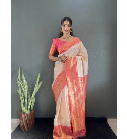 Women's Silk Blend Woven Kanjivaram Saree With Unstitched Blouse (5.5Mtr, Peach)