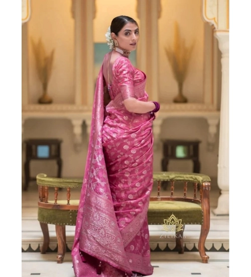 Women's Silk Woven Kanjivaram Saree With Unstitched Blouse (5.5Mtr, Pink)