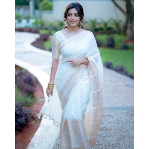 Generic Women's Silk Blend Self Design Bollywood Saree With Unstitched Blouse (5.5Mtr, White)