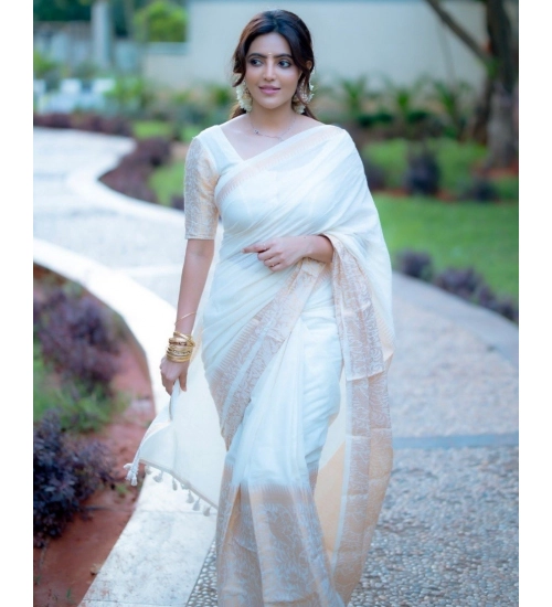 Women's Silk Blend Self Design Bollywood Saree With Unstitched Blouse (5.5Mtr, White)