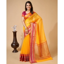 Women's Cotton Blend Woven  Saree With Unstitched Blouse (5.5Mtr, Yellow)