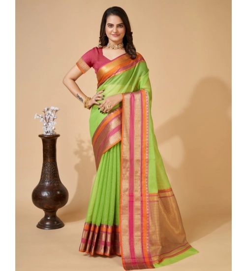 Women's Cotton Blend Woven  Saree With Unstitched Blouse (5.5Mtr, Light Green)