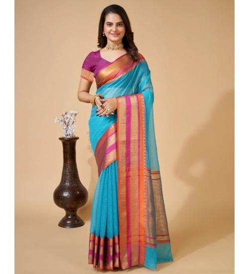 Women's Cotton Blend Woven  Saree With Unstitched Blouse (5.5Mtr, Blue)