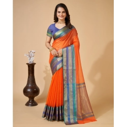 Women's Cotton Blend Woven  Saree With Unstitched Blouse (5.5Mtr, Orange)