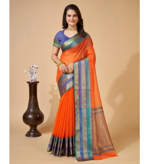 Women's Cotton Blend Woven  Saree With Unstitched Blouse (5.5Mtr, Orange)