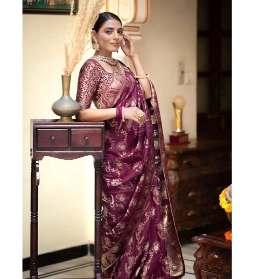 Women's Art Silk Embellished Kanjivaram Saree With Unstitched Blouse (5.5Mtr, Purple)