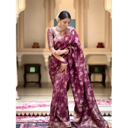 Women's Art Silk Embellished Kanjivaram Saree With Unstitched Blouse (5.5Mtr, Purple)