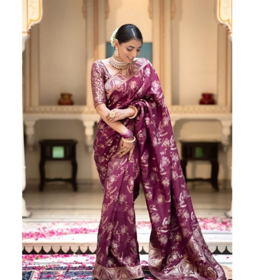 Women's Art Silk Embellished Kanjivaram Saree With Unstitched Blouse (5.5Mtr, Purple)