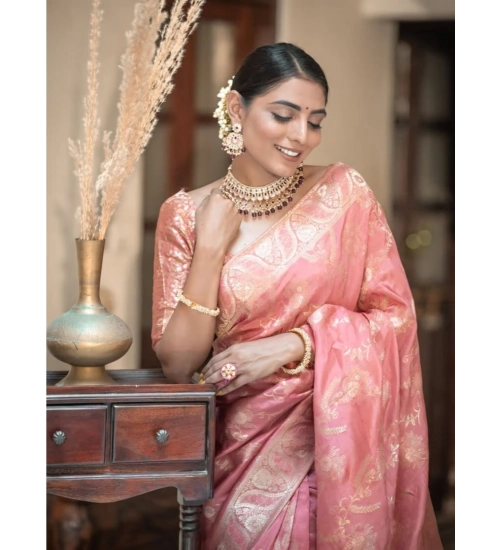 Women's Art Silk Embellished Kanjivaram Saree With Unstitched Blouse (5.5Mtr, Peach)