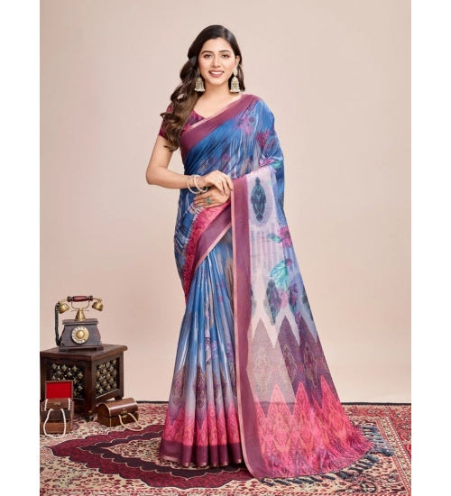 Women's Georgette Embroidered  Saree With Unstitched Blouse (5.5Mtr, Blue)