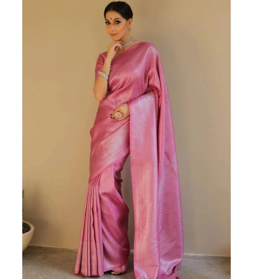 Women's Silk Blend Woven Kanjivaram Saree With Unstitched Blouse (5.5Mtr, Pink)