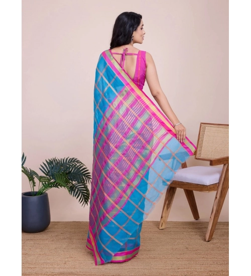 Women's Cotton Silk Checkered Kota Doria Saree With Unstitched Blouse (5.5Mtr, Sky Blue)