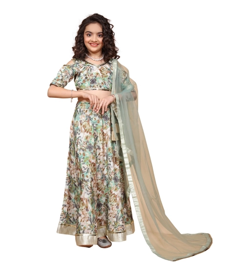 Girl's Chiffon Printed Lehenga Choli Set (Green)