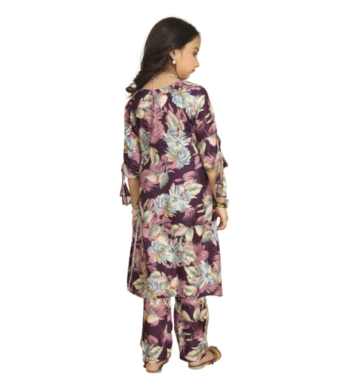 Girl's Maslin Embrodrery Lace Aliya Cut Top With Bottom Dupatta Set (Purple)