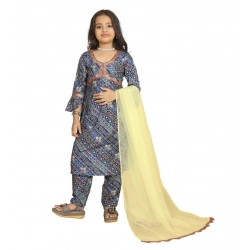 Girl's Maslin Embrodrery Lace Aliya Cut Top With Bottom Dupatta Set (Blue)