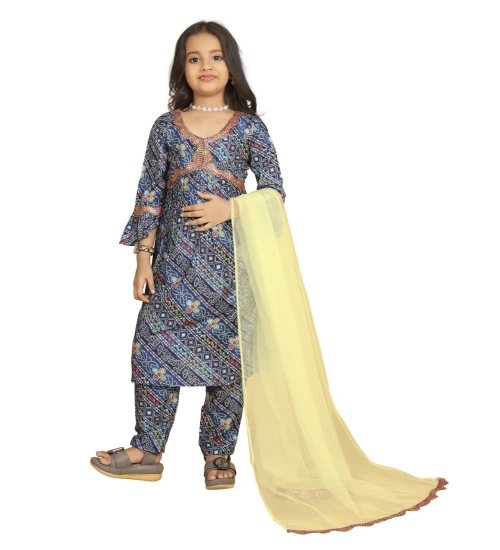 Girl's Maslin Embrodrery Lace Aliya Cut Top With Bottom Dupatta Set (Blue)