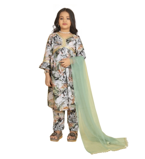 Girl's Maslin Embrodrery Lace Aliya Cut Top With Bottom Dupatta Set (Green)