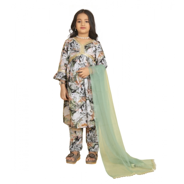 Dropship Girl's Maslin Embrodrery Lace Aliya Cut Top With Bottom Dupatta Set (Green)