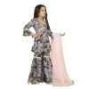 Dropship Girl's Maslin Embrodrery Lace Aliya Cut Top With Sharara Dupatta Set (Grey Pink)