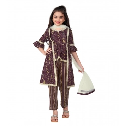 Girl's Cotton Embrodrery Lace Shrug Kurti With Bottom Dupatta Set (Maroon)