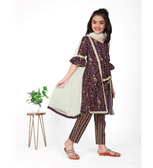 Girl's Cotton Embrodrery Lace Shrug Kurti With Bottom Dupatta Set (Maroon)