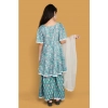 Dropship Girl's Silk Blend Floral Prinded Shiffli Lace Top Sharara Dupatta Set (Teal)