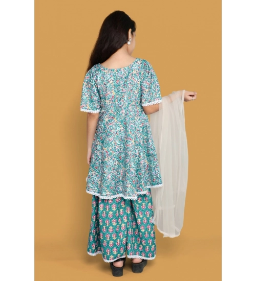 Girl's Silk Blend Floral Prinded Shiffli Lace Top Sharara Dupatta Set (Teal)