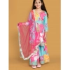 Dropship Girl's Rayon Printed Codding Lace Anarkali-Style Suit (Multicolor)