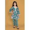 Dropship Girl's Silk Blend Floral Prinded Shiffli Lace Salwar Kameez Dupatta Set (Teal)
