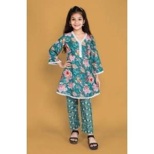 Generic Girl's Silk Blend Floral Prinded Shiffli Lace Salwar Kameez Dupatta Set (Teal)