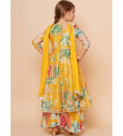 Girl's Rayon Printed Codding Lace Anarkali-Style Suit (Yellow)